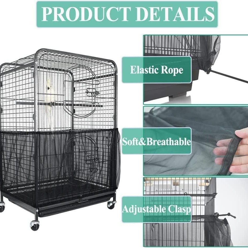 XL Black【Height 37, Circumference 220】 Large Bird Cage Seed Catcher Net Cover - Adjustable Mesh Guard Splash-Proof Dust Cover for Indoor Outdoor Cages - Image 2