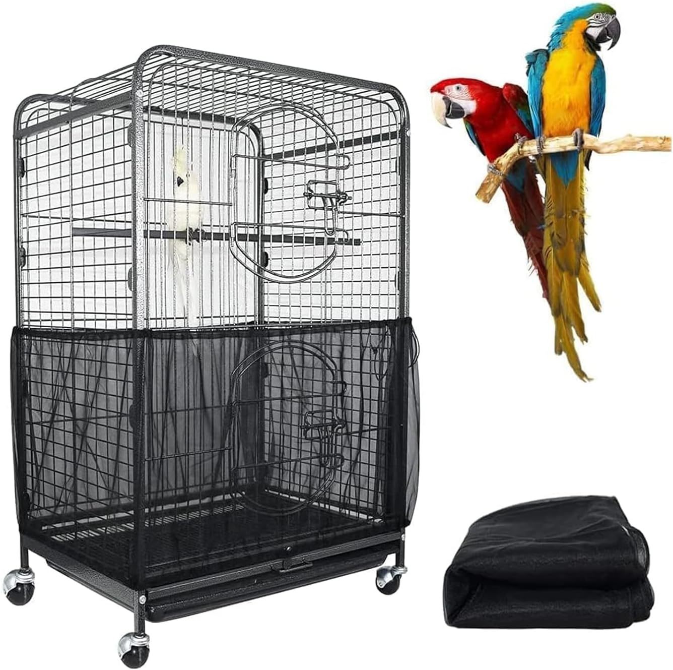 XXL Black【Height 40, Circumference 220】 Large Bird Cage Seed Catcher Net Cover - Adjustable Mesh Guard Splash-Proof Dust Cover for Indoor Outdoor Cages - Image 1