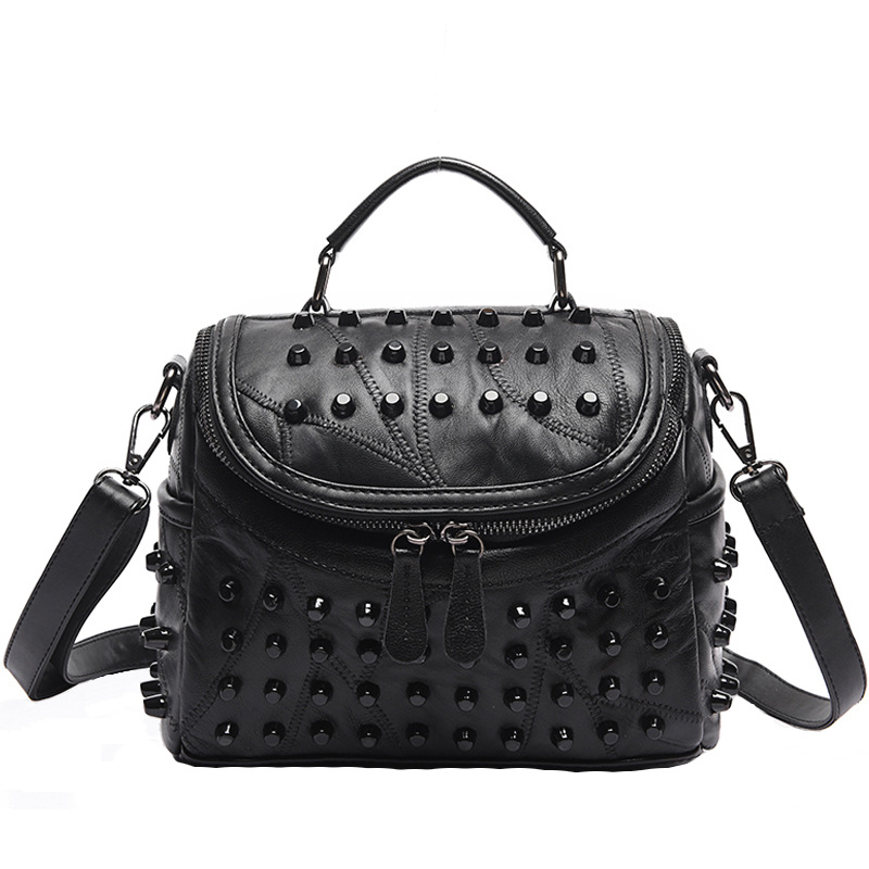 Women's Black Studded Handbag Soft PU Leather Crossbody Shoulder Bag with Rivets Trendy Box Purse 22cm for Travel Party - Image 1