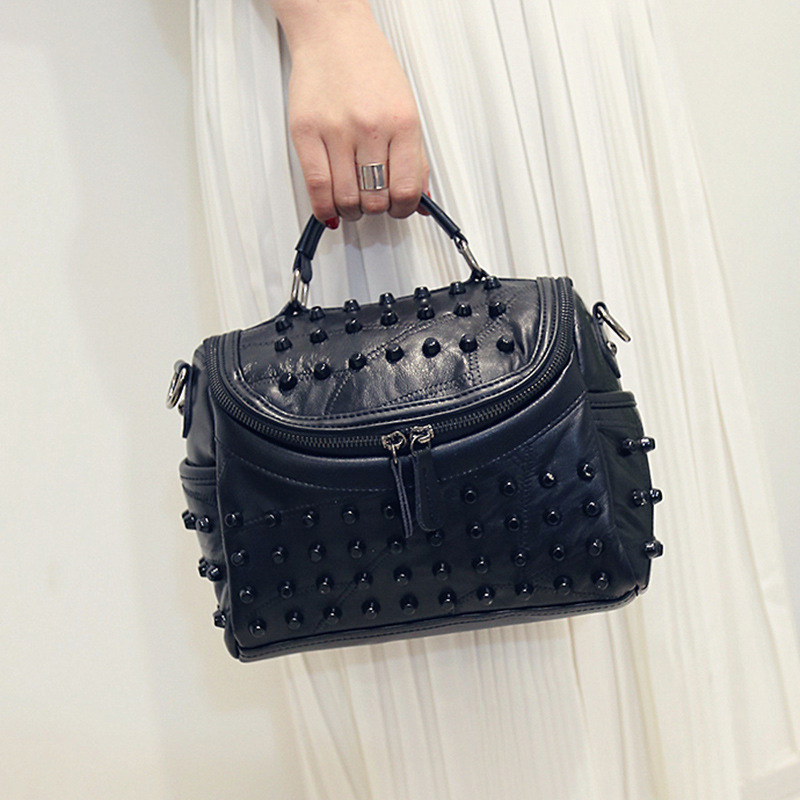 Women's Black Studded Handbag Soft PU Leather Crossbody Shoulder Bag with Rivets Trendy Box Purse 22cm for Travel Party - Image 3