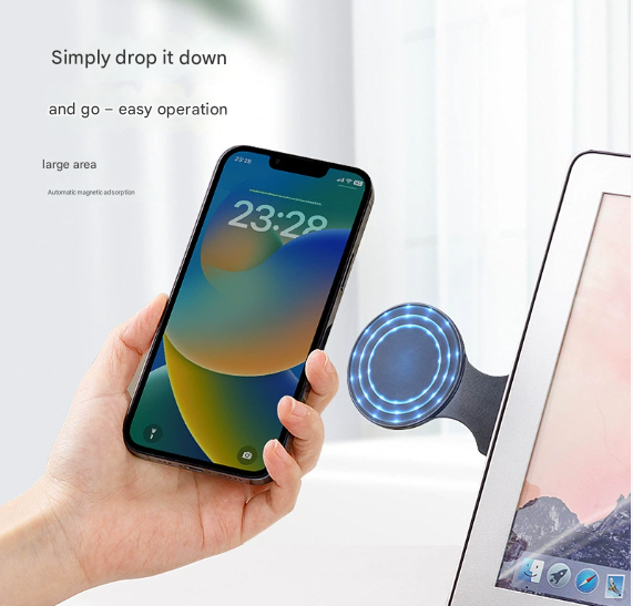 Light Grey Magnetic Laptop Phone Holder Side Mount Expansion Bracket Slim 6mm Foldable Stand with Metal Ring for Dual Screen Work Office Setup - Image 4