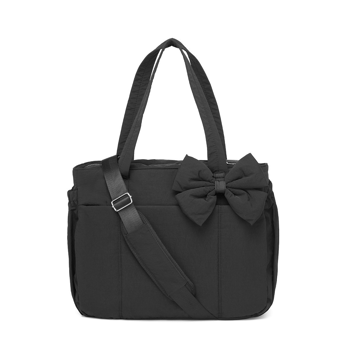 Black Women's Quilted Puffer Tote Bag Large Capacity Lightweight Bow Handbag with Shoulder Strap 42cm for Gym Travel & Baby Care - Image 1