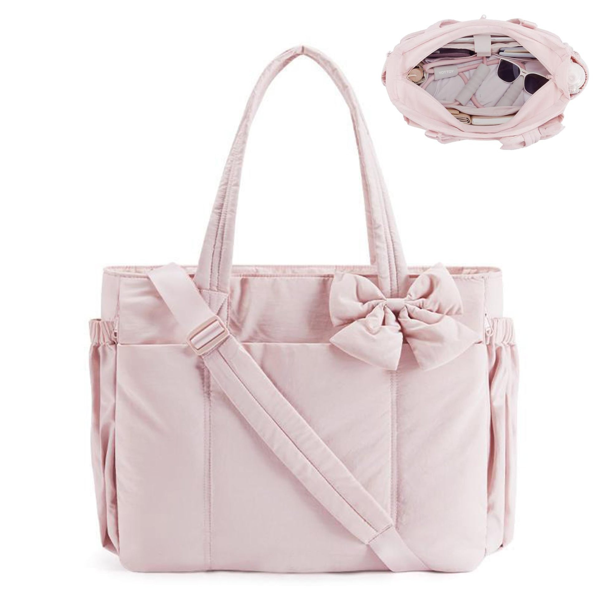 Pink Women's Quilted Puffer Tote Bag Large Capacity Lightweight Bow Handbag with Shoulder Strap 42cm for Gym Travel & Baby Care - Image 1