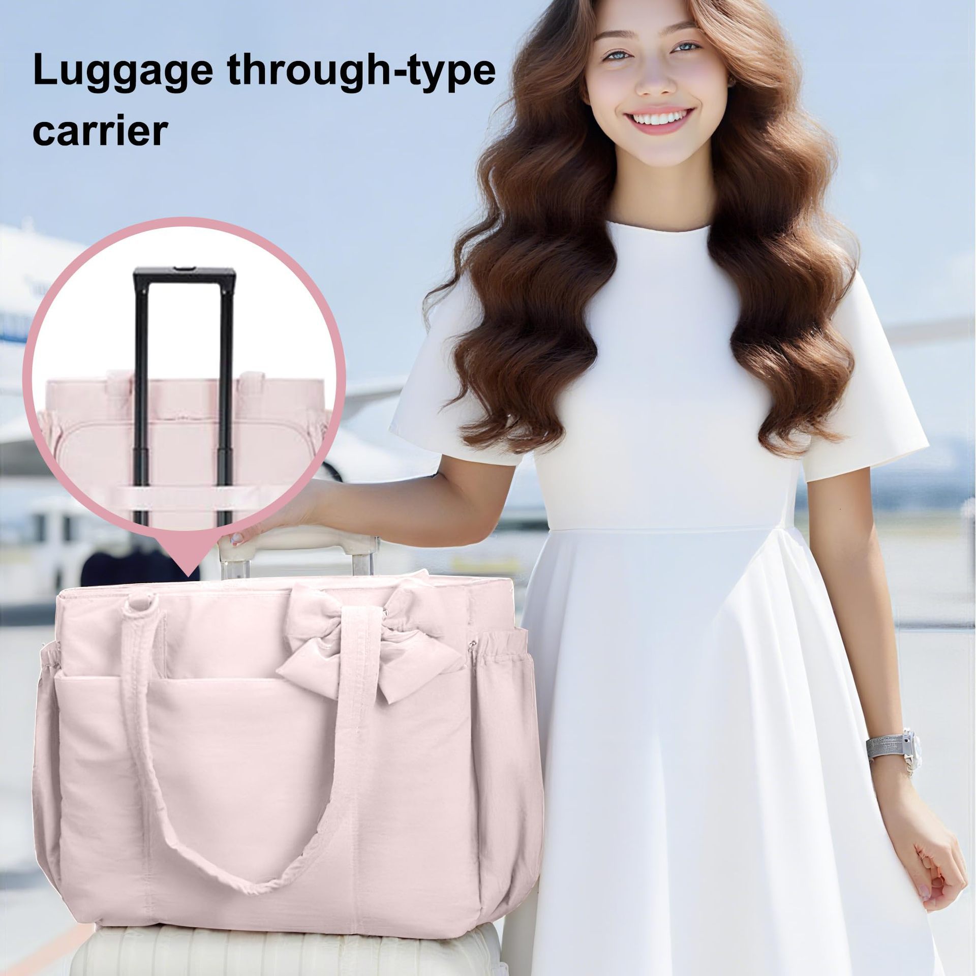 Pink Women's Quilted Puffer Tote Bag Large Capacity Lightweight Bow Handbag with Shoulder Strap 42cm for Gym Travel & Baby Care - Image 3