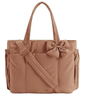 Brown Women's Quilted Puffer Tote Bag Large Capacity Lightweight Bow Handbag with Shoulder Strap 42cm for Gym Travel & Baby Care - Image 1