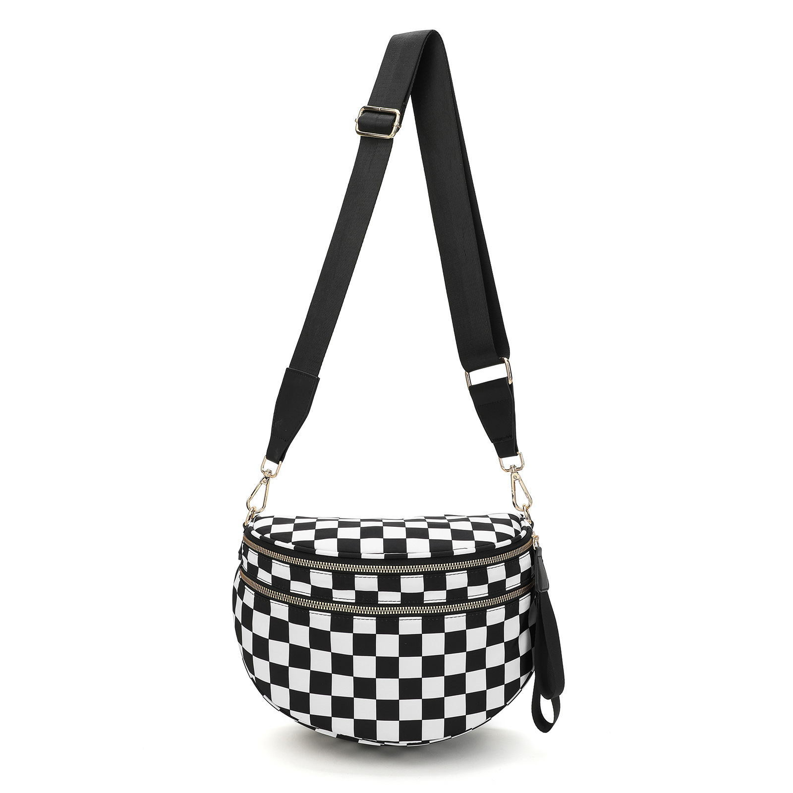 Black-and-white Checkered Pattern Women's Large Crescent Crossbody Bag Lightweight Oxford Cloth Shoulder Sling Purse Adjustable Strap for Travel Gym & Daily Use - Image 1