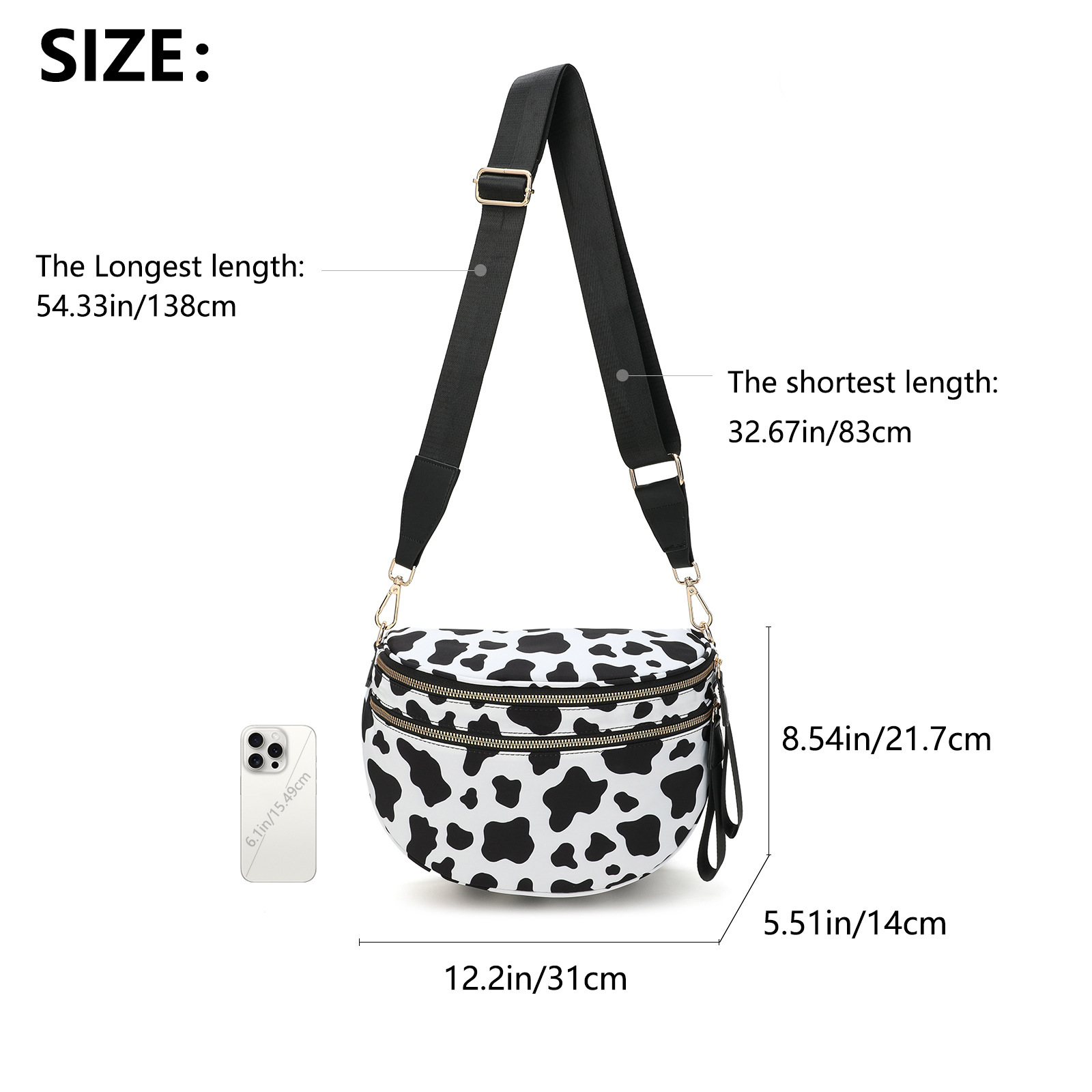 Black-and-white Checkered Pattern Women's Large Crescent Crossbody Bag Lightweight Oxford Cloth Shoulder Sling Purse Adjustable Strap for Travel Gym & Daily Use - Image 2