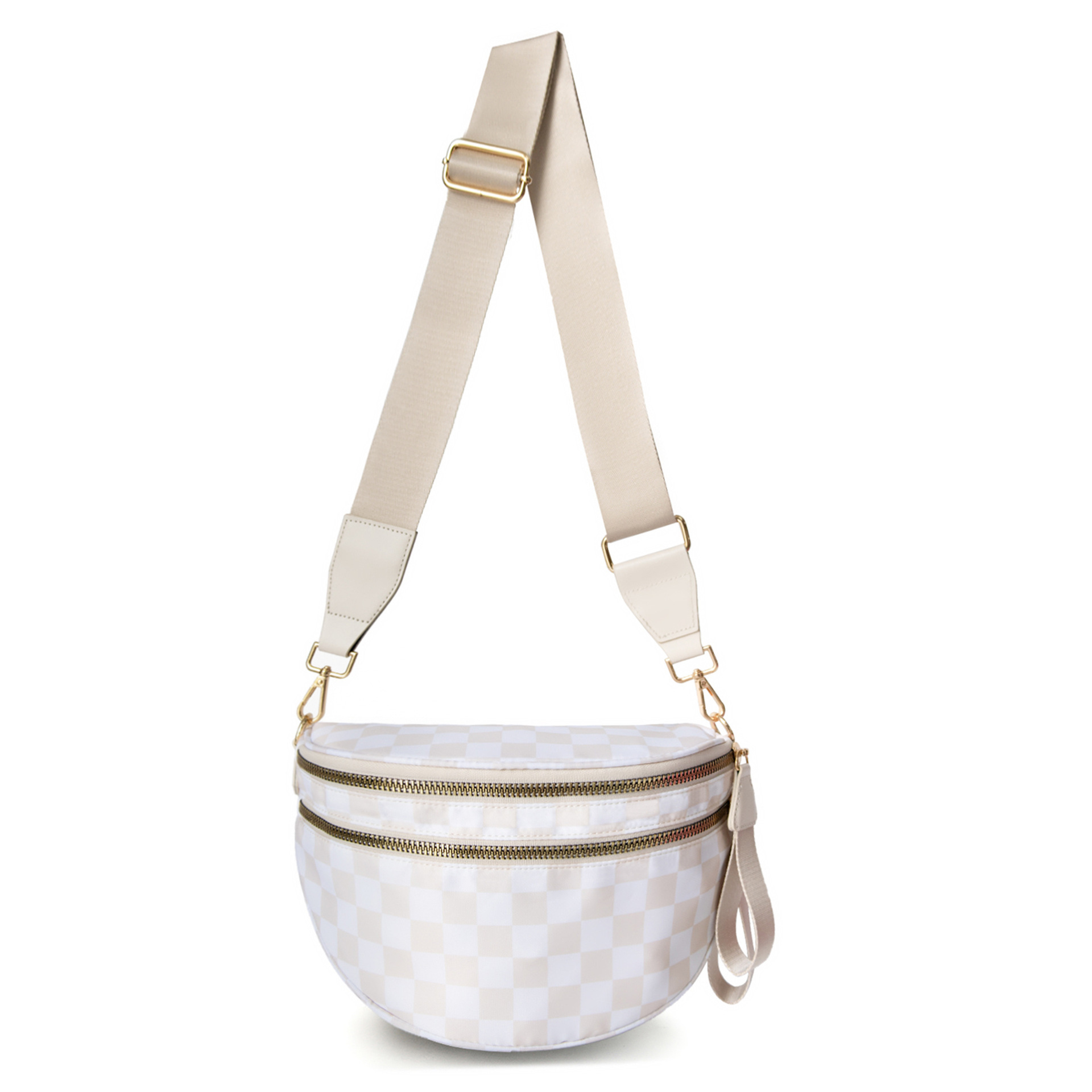 White-and-beige Checkered Pattern Women's Large Crescent Crossbody Bag Lightweight Oxford Cloth Shoulder Sling Purse Adjustable Strap for Travel Gym & Daily Use - Image 1
