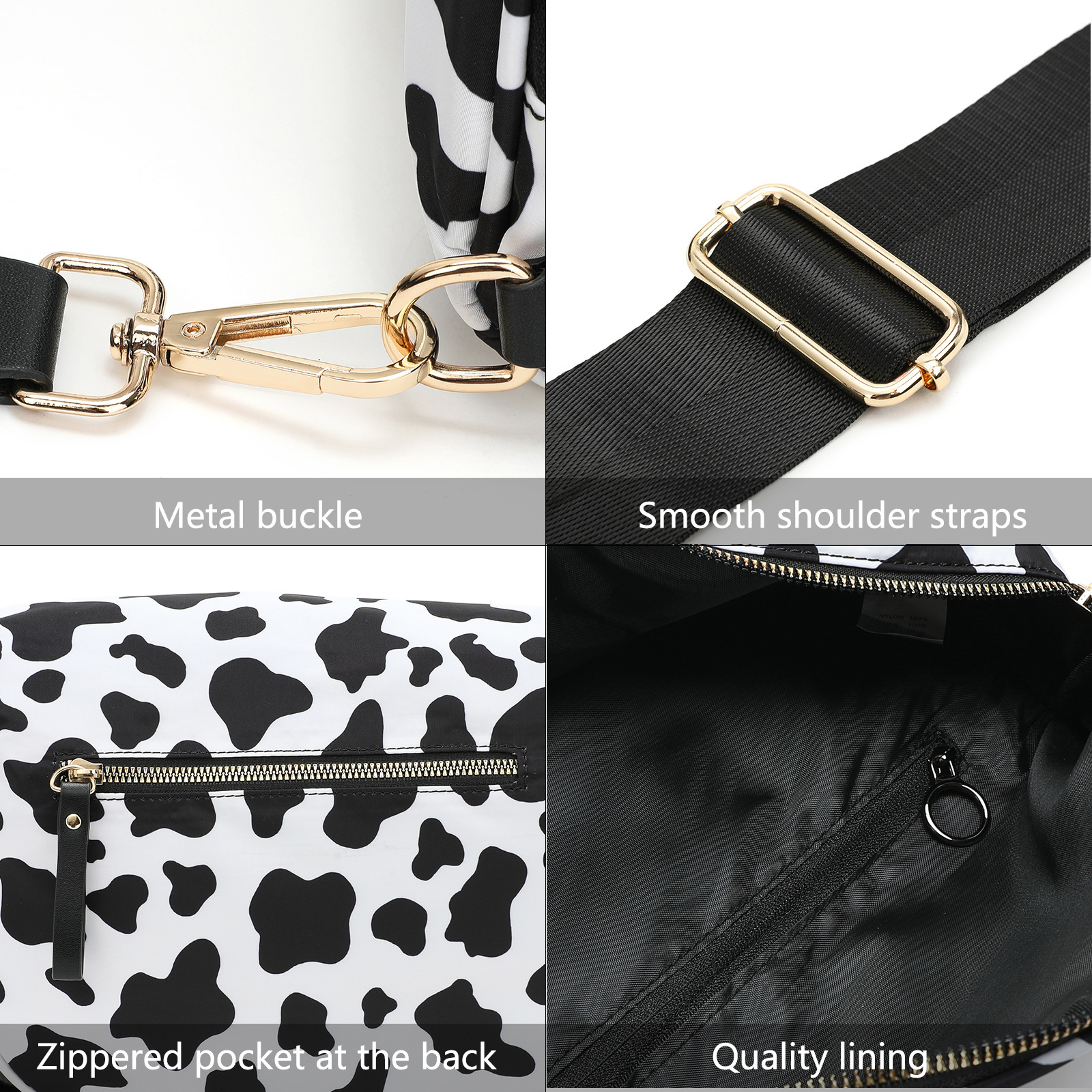 White-and-beige Checkered Pattern Women's Large Crescent Crossbody Bag Lightweight Oxford Cloth Shoulder Sling Purse Adjustable Strap for Travel Gym & Daily Use - Image 3