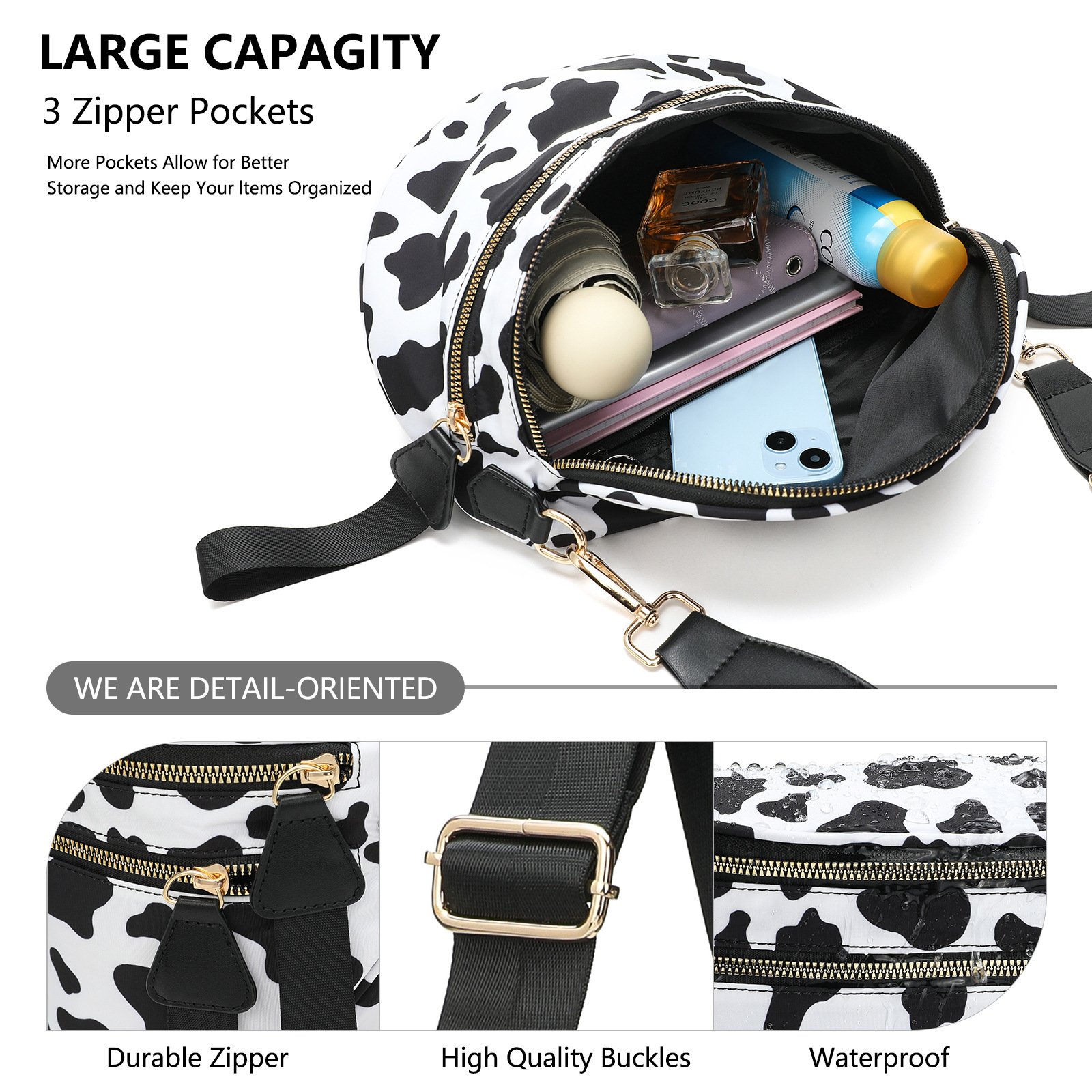 White-and-beige Checkered Pattern Women's Large Crescent Crossbody Bag Lightweight Oxford Cloth Shoulder Sling Purse Adjustable Strap for Travel Gym & Daily Use - Image 4