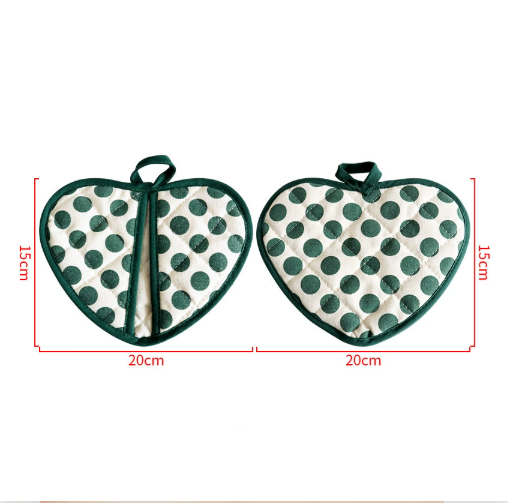 Green 2 Pack Heart Shaped Oven Mitts Heat Resistant Cotton Pot Holders Double Layer Thick Insulation Kitchen Gloves for Baking Cooking - Image 1