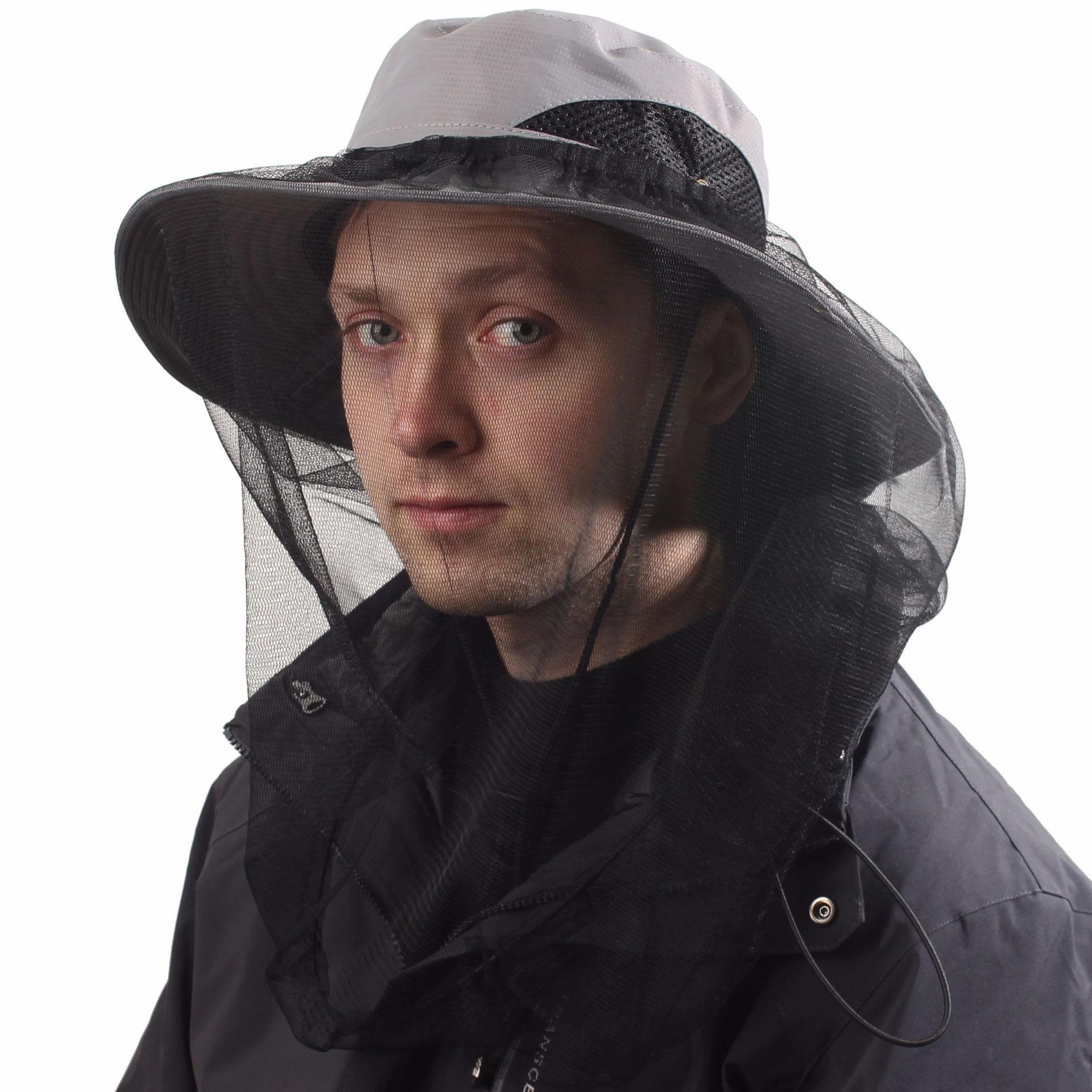 Light Grey Outdoor Mosquito Head Net Hat with 40cm Mesh Shield - Wide Brim Sun Protection Bucket Hat for Fishing and Hiking - Quick Dry Breathable Cap - Image 1