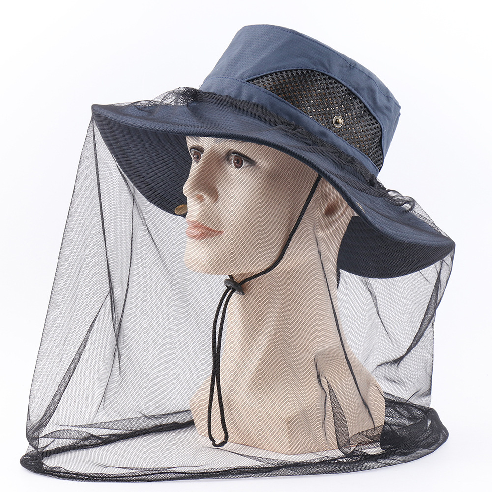 Navy Blue Outdoor Mosquito Head Net Hat with 40cm Mesh Shield - Wide Brim Sun Protection Bucket Hat for Fishing and Hiking - Quick Dry Breathable Cap - Image 1