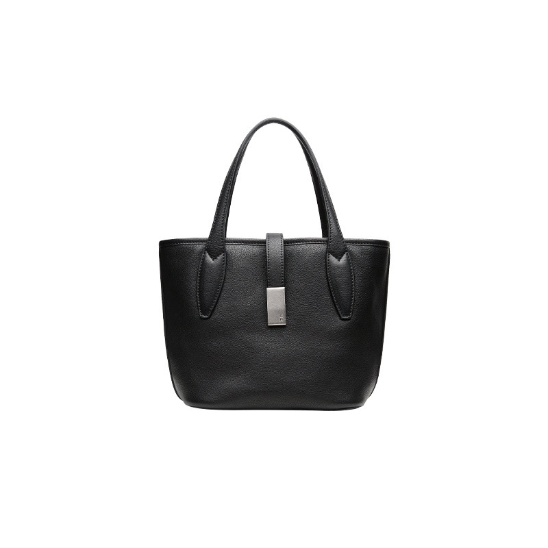 Black Women's Vegetable Tanned Leather Bucket Bag Minimalist Crossbody Handbag with Inner Canvas Pouch for Work Daily Use - Image 1