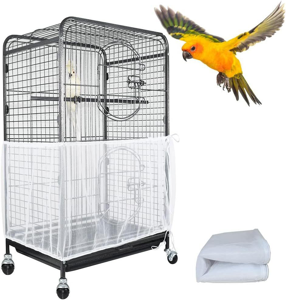 L White【Height 30, Circumference 220】 Large Bird Cage Seed Catcher Net Cover - Adjustable Mesh Guard Splash-Proof Dust Cover for Indoor Outdoor Cages - Image 1