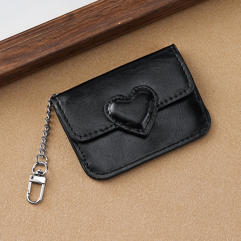 2PCS Black Women's Slim PU Leather Card Holder with Cute Heart Detail and Keychain Clip - Ultra Thin Portable Card Sleeve for Daily Use and Gifting - Image 1