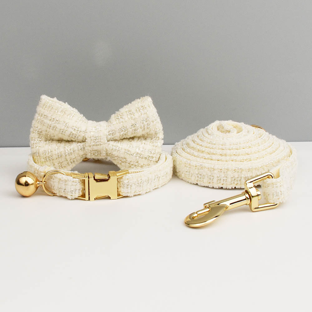 L White 3 Piece Luxury Tweed Cat Collar and Leash Set with Removable Bow Tie & Bell Adjustable Neck Strap for Kittens Small Dogs Elegant Walking Gear - Image 1