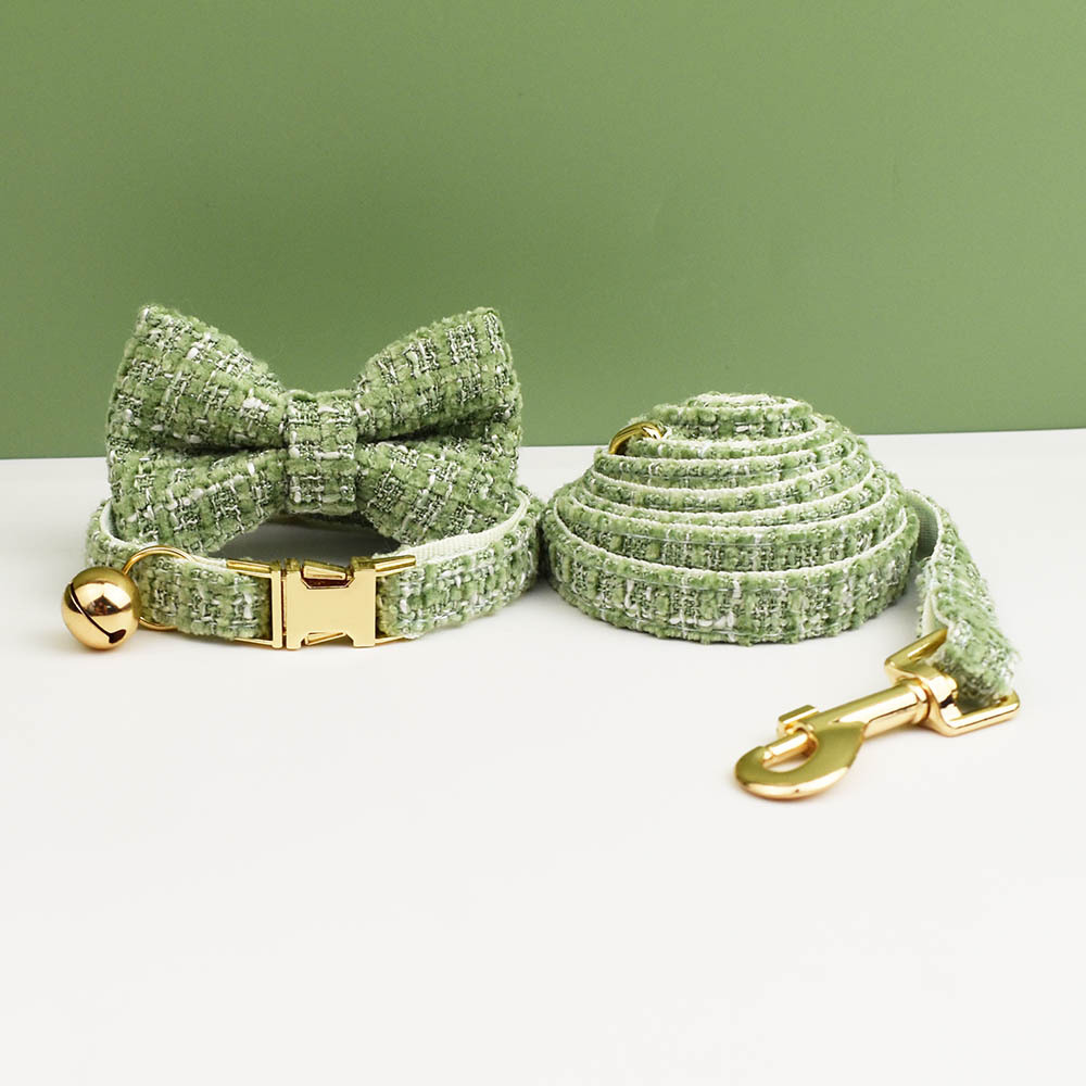 S Green 3 Piece Luxury Tweed Cat Collar and Leash Set with Removable Bow Tie & Bell Adjustable Neck Strap for Kittens Small Dogs Elegant Walking Gear - Image 1