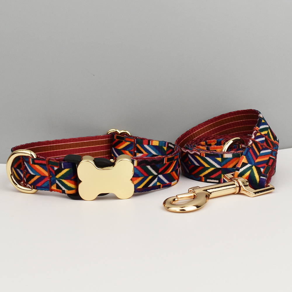 M Rainbow Boho Patterned Dog Collar with Gold Metal Bone Buckle Adjustable Tribal & Leopard Print Neck Strap for Puppies & Dogs - Image 1