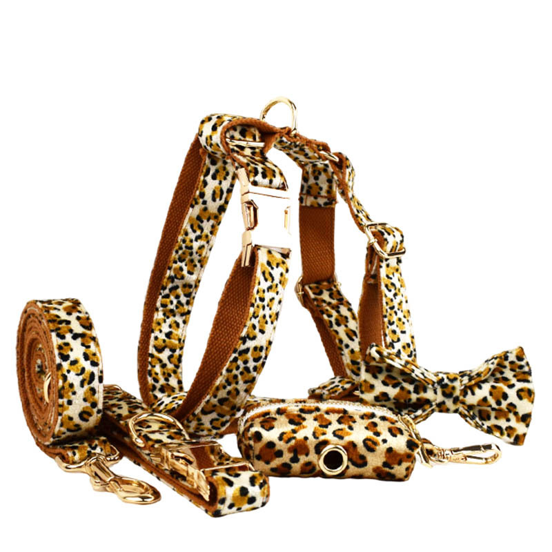 S Luxury 5 Piece Dog Harness and Collar Set Leopard Print with Leash Bow Tie & Waste Bag Holder Gold Metal Buckle Walking Gear - Image 1