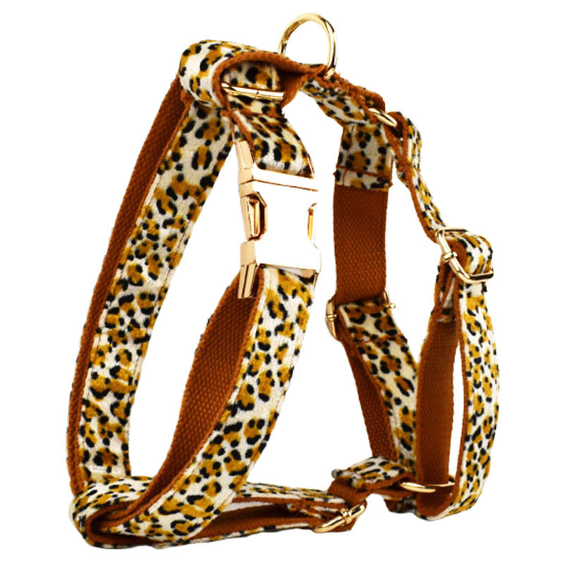 XL Luxury 5 Piece Dog Harness and Collar Set Leopard Print with Leash Bow Tie & Waste Bag Holder Gold Metal Buckle Walking Gear - Image 5