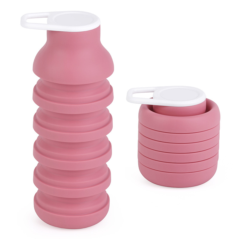 Pink Collapsible Silicone Water Bottle Portable Travel Sports Cup with Carabiner Clip Foldable Design for Camping Hiking & Gym Teal - Image 1