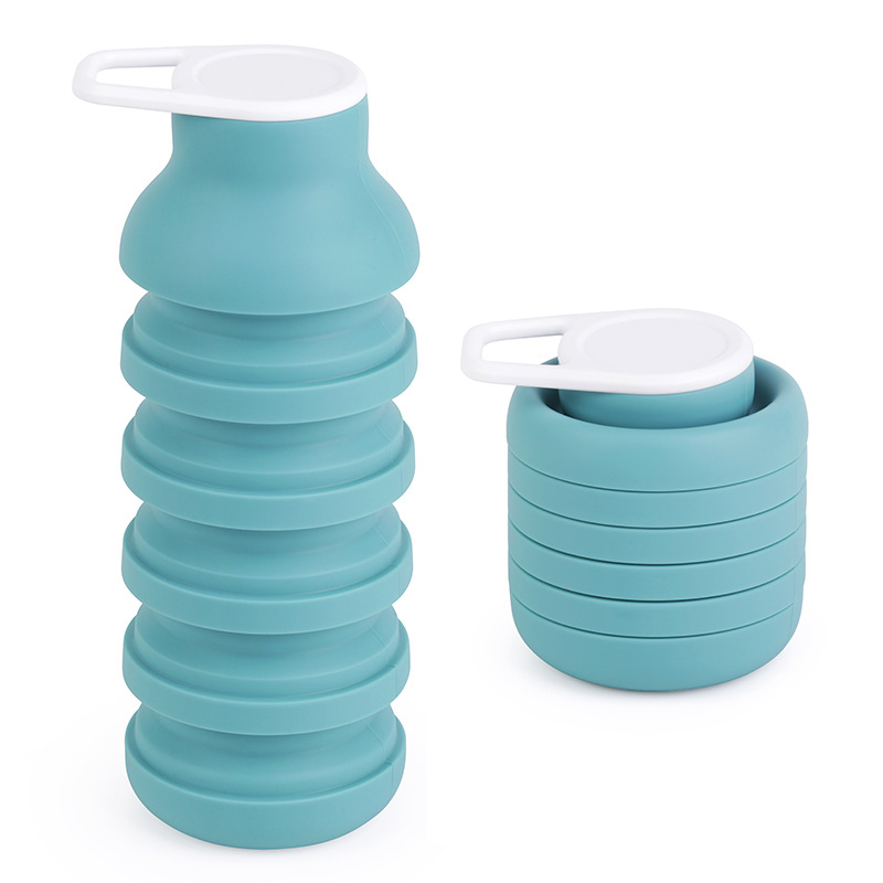 Light Blue Collapsible Silicone Water Bottle Portable Travel Sports Cup with Carabiner Clip Foldable Design for Camping Hiking & Gym Teal - Image 1