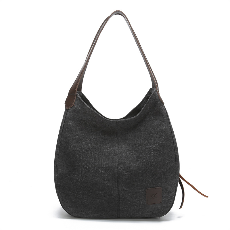 Black Women's Canvas Hobo Handbag Multi-Compartment Shoulder Tote Bag Minimalist Casual Purse 30cm for Work Shopping & Travel - Image 1