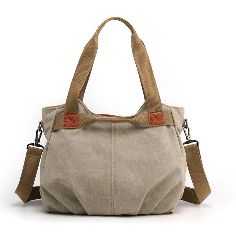 Khaki Women's Retro Canvas Tote Bag Large Capacity Shoulder Handbag Adjustable Crossbody Strap 35cm for Travel Work & Daily Use - Image 1