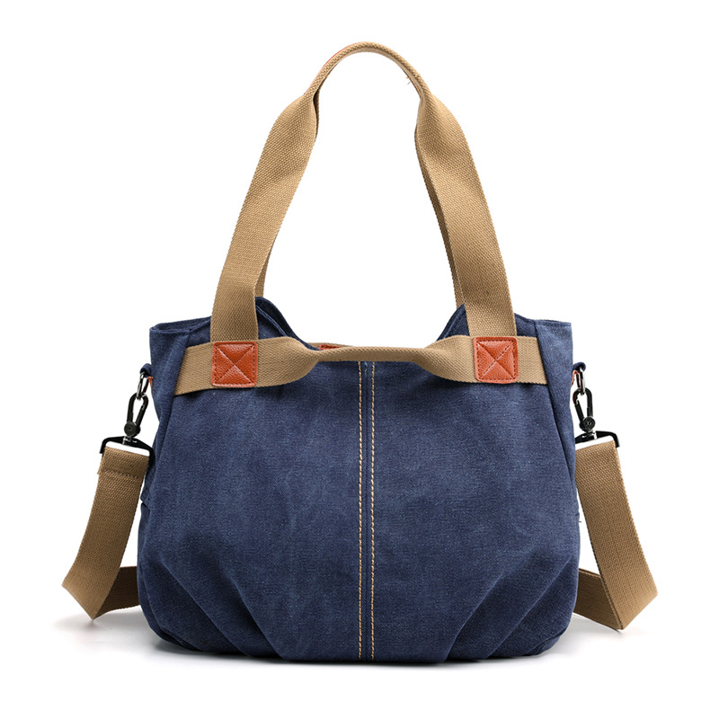 Dark Blue Women's Retro Canvas Tote Bag Large Capacity Shoulder Handbag Adjustable Crossbody Strap 35cm for Travel Work & Daily Use - Image 1