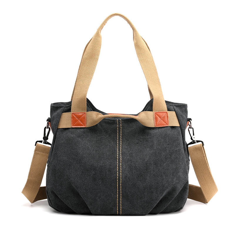 Black Women's Retro Canvas Tote Bag Large Capacity Shoulder Handbag Adjustable Crossbody Strap 35cm for Travel Work & Daily Use - Image 1