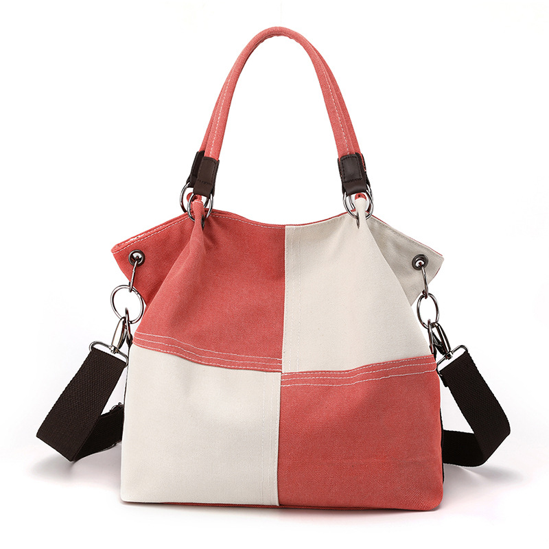Red Women's Canvas Patchwork Tote Bag Large Capacity Shoulder Handbag Fits A4 Magazine Adjustable Crossbody Strap 34cm for Work & School - Image 1