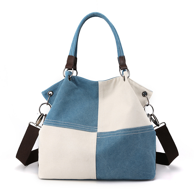 Blue Women's Canvas Patchwork Tote Bag Large Capacity Shoulder Handbag Fits A4 Magazine Adjustable Crossbody Strap 34cm for Work & School - Image 1