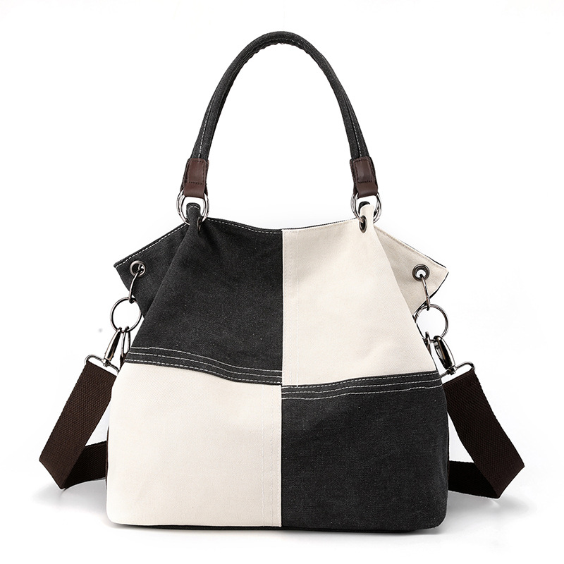 Black Women's Canvas Patchwork Tote Bag Large Capacity Shoulder Handbag Fits A4 Magazine Adjustable Crossbody Strap 34cm for Work & School - Image 1