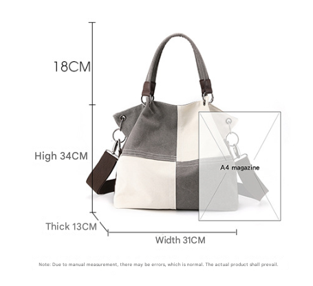 Black Women's Canvas Patchwork Tote Bag Large Capacity Shoulder Handbag Fits A4 Magazine Adjustable Crossbody Strap 34cm for Work & School - Image 2