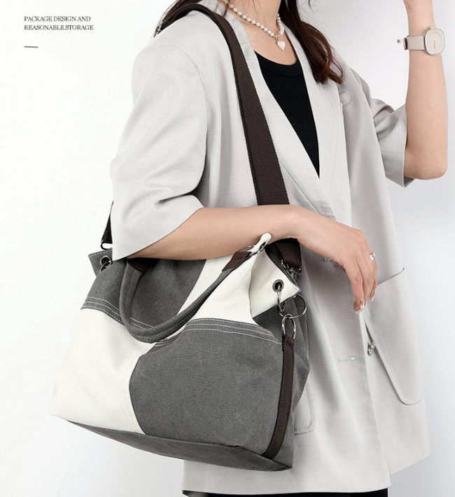 Black Women's Canvas Patchwork Tote Bag Large Capacity Shoulder Handbag Fits A4 Magazine Adjustable Crossbody Strap 34cm for Work & School - Image 3