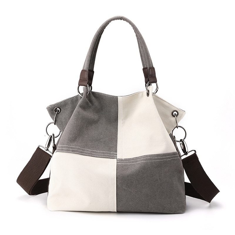 Grey Women's Canvas Patchwork Tote Bag Large Capacity Shoulder Handbag Fits A4 Magazine Adjustable Crossbody Strap 34cm for Work & School - Image 1