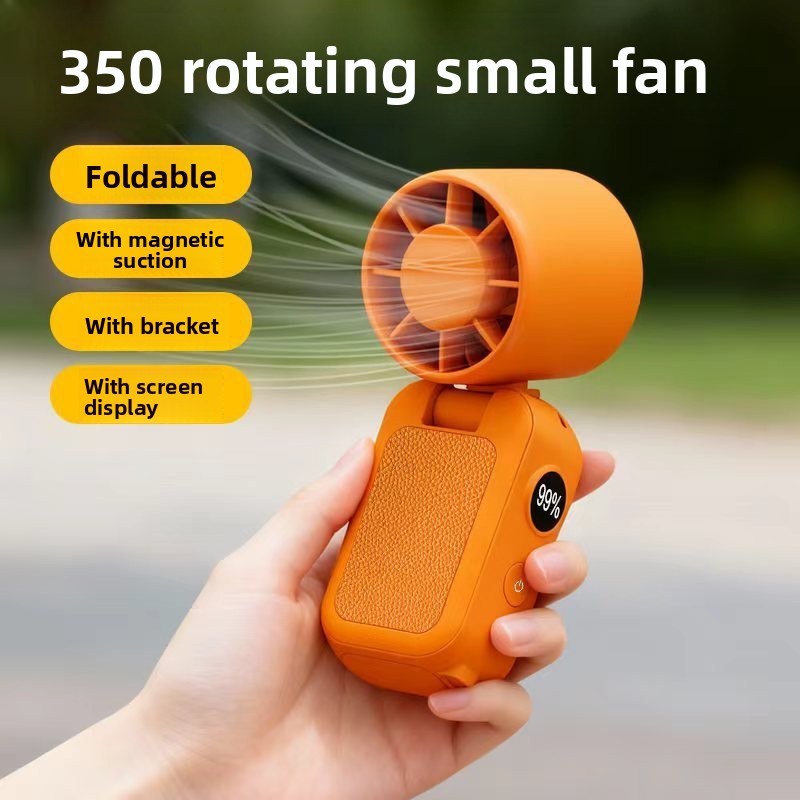 Orange Portable Handheld Fan 350 Degree Rotation Foldable Neck Hanging Waist Fan with Magnetic Base LED Display 5 Speed Personal Fan - Image 2