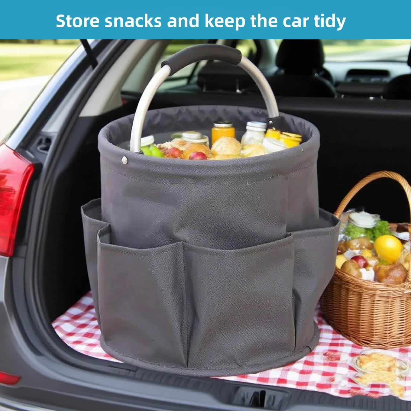 Grey Multi-Function Collapsible Storage Basket with Drawstring Closure Portable Cleaning Caddy and Picnic Organiser Bag with Multiple Pockets - Image 3