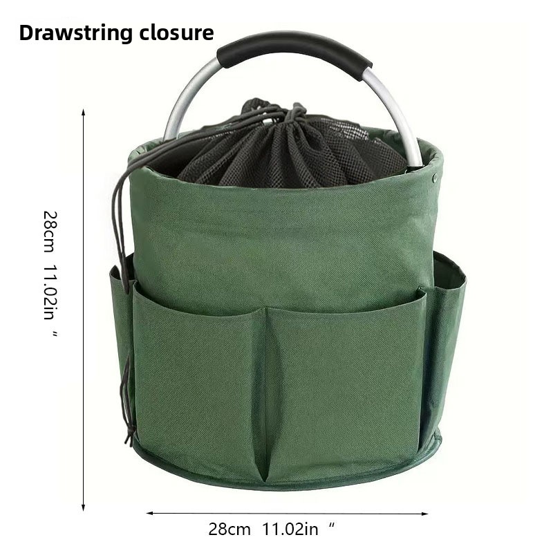 Green Multi-Function Collapsible Storage Basket with Drawstring Closure Portable Cleaning Caddy and Picnic Organiser Bag with Multiple Pockets - Image 1