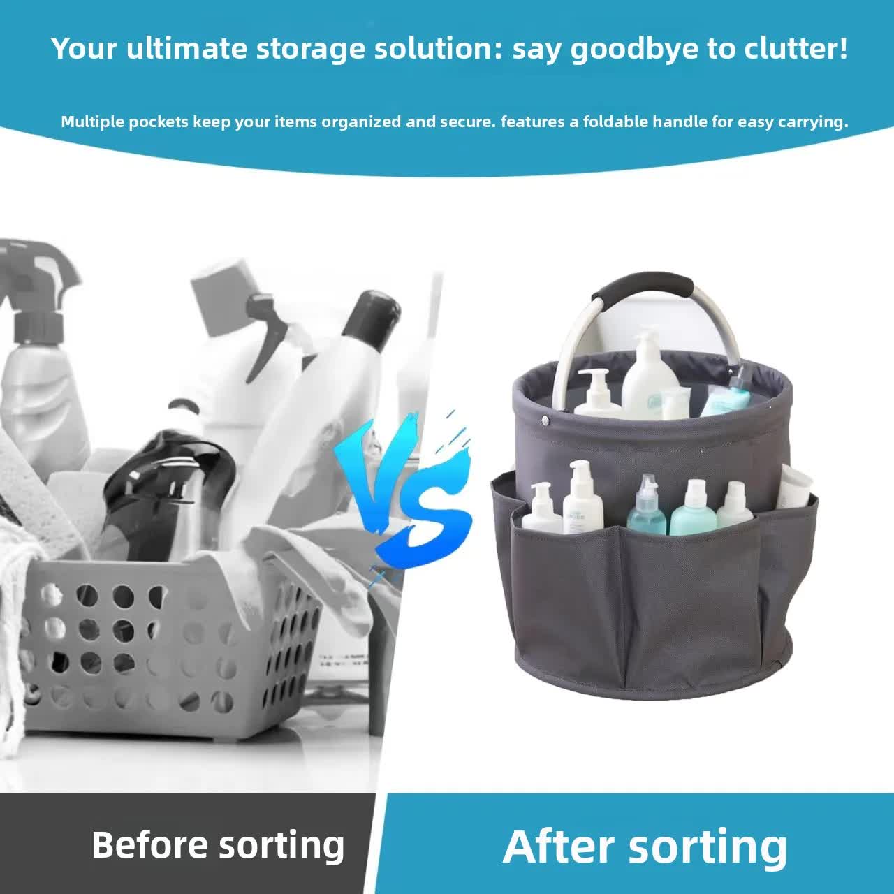 Black Multi-Function Collapsible Storage Basket with Drawstring Closure Portable Cleaning Caddy and Picnic Organiser Bag with Multiple Pockets - Image 2