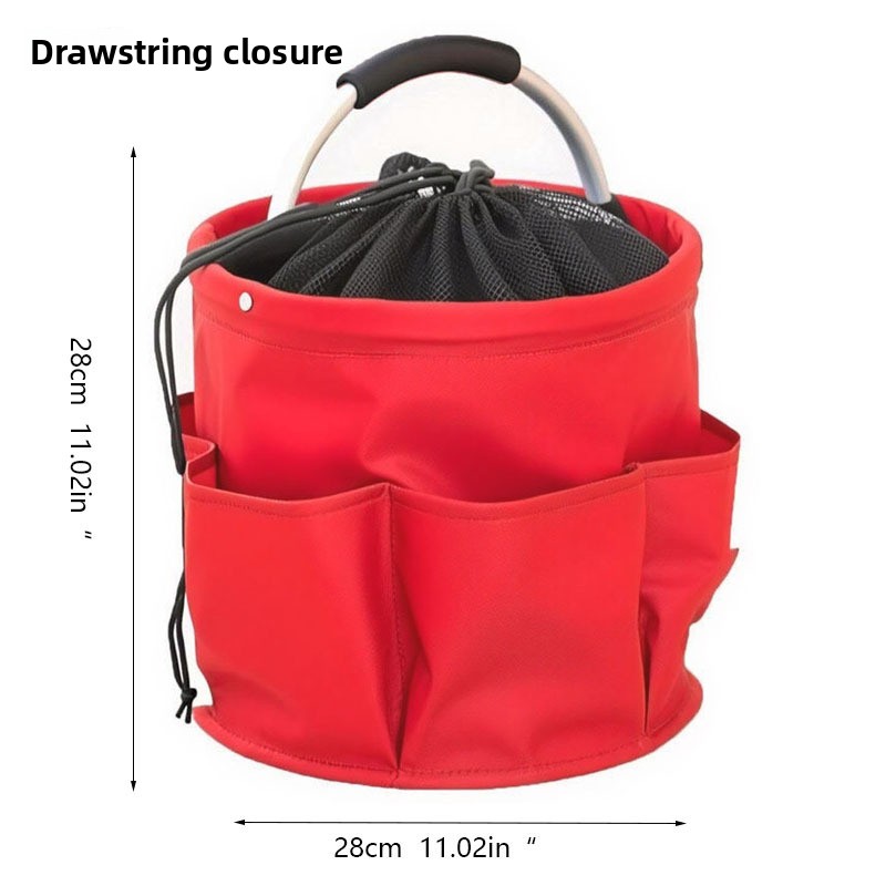 Red Multi-Function Collapsible Storage Basket with Drawstring Closure Portable Cleaning Caddy and Picnic Organiser Bag with Multiple Pockets - Image 1