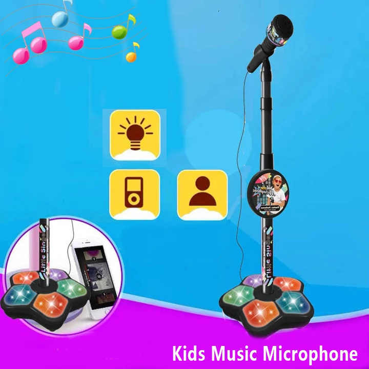 Black Kids Star Karaoke Microphone Stand Adjustable Height Music Toy with Flashing Lights and MP3 Connectivity for Boys and Girls - Image 2