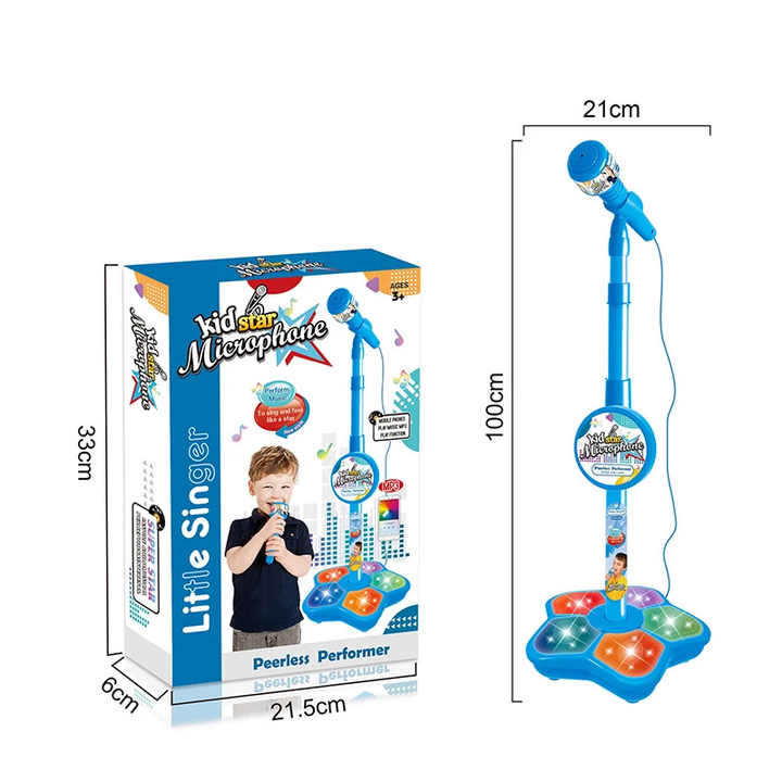 Blue Kids Star Karaoke Microphone Stand Adjustable Height Music Toy with Flashing Lights and MP3 Connectivity for Boys and Girls - Image 1