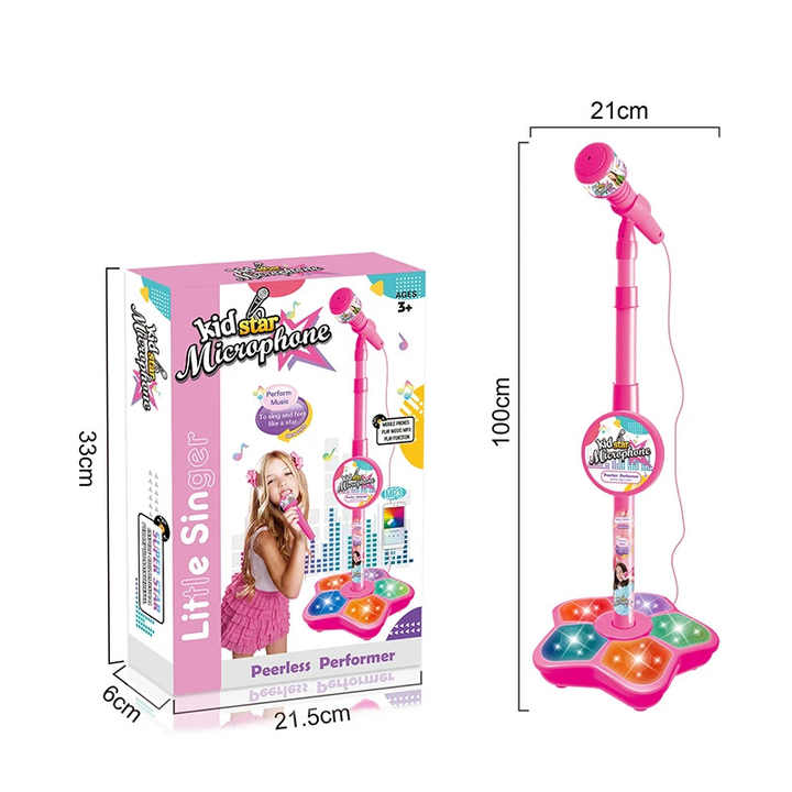Pink Kids Star Karaoke Microphone Stand Adjustable Height Music Toy with Flashing Lights and MP3 Connectivity for Boys and Girls - Image 1
