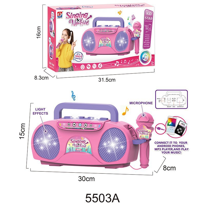 Pink Kids Portable Singing Machine Karaoke Boombox Toy with Microphone Flashing Lights and MP3 Music Player for Boys and Girls - Image 1
