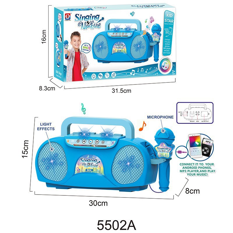 Blue Kids Portable Singing Machine Karaoke Boombox Toy with Microphone Flashing Lights and MP3 Music Player for Boys and Girls - Image 1