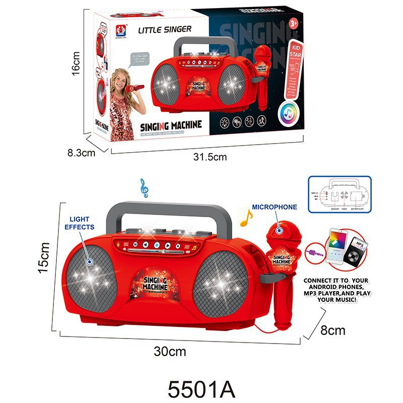 Red Kids Portable Singing Machine Karaoke Boombox Toy with Microphone Flashing Lights and MP3 Music Player for Boys and Girls - Image 1