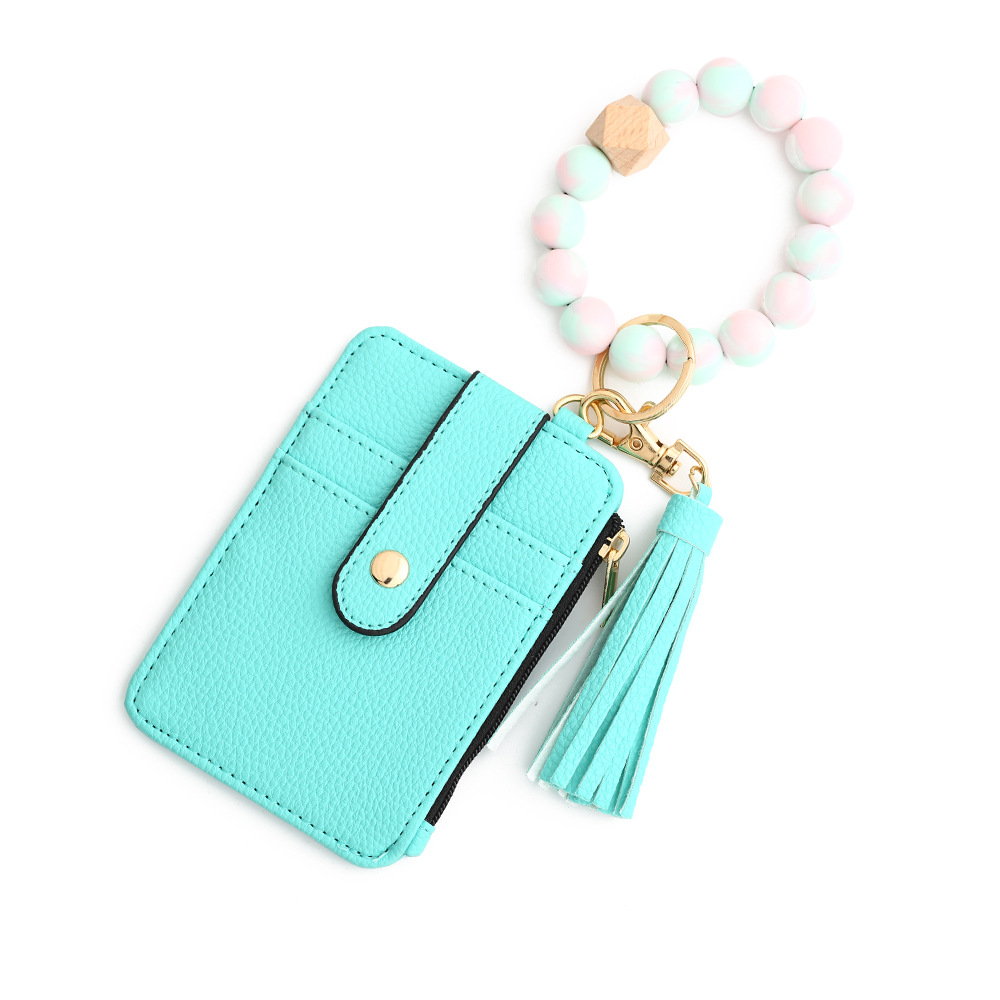 2-PCS Mint green Silicone Bead Keychain Bracelet Wallet PU Leather ID Card Holder with Tassel Wristlet Bangle for Women - Image 1