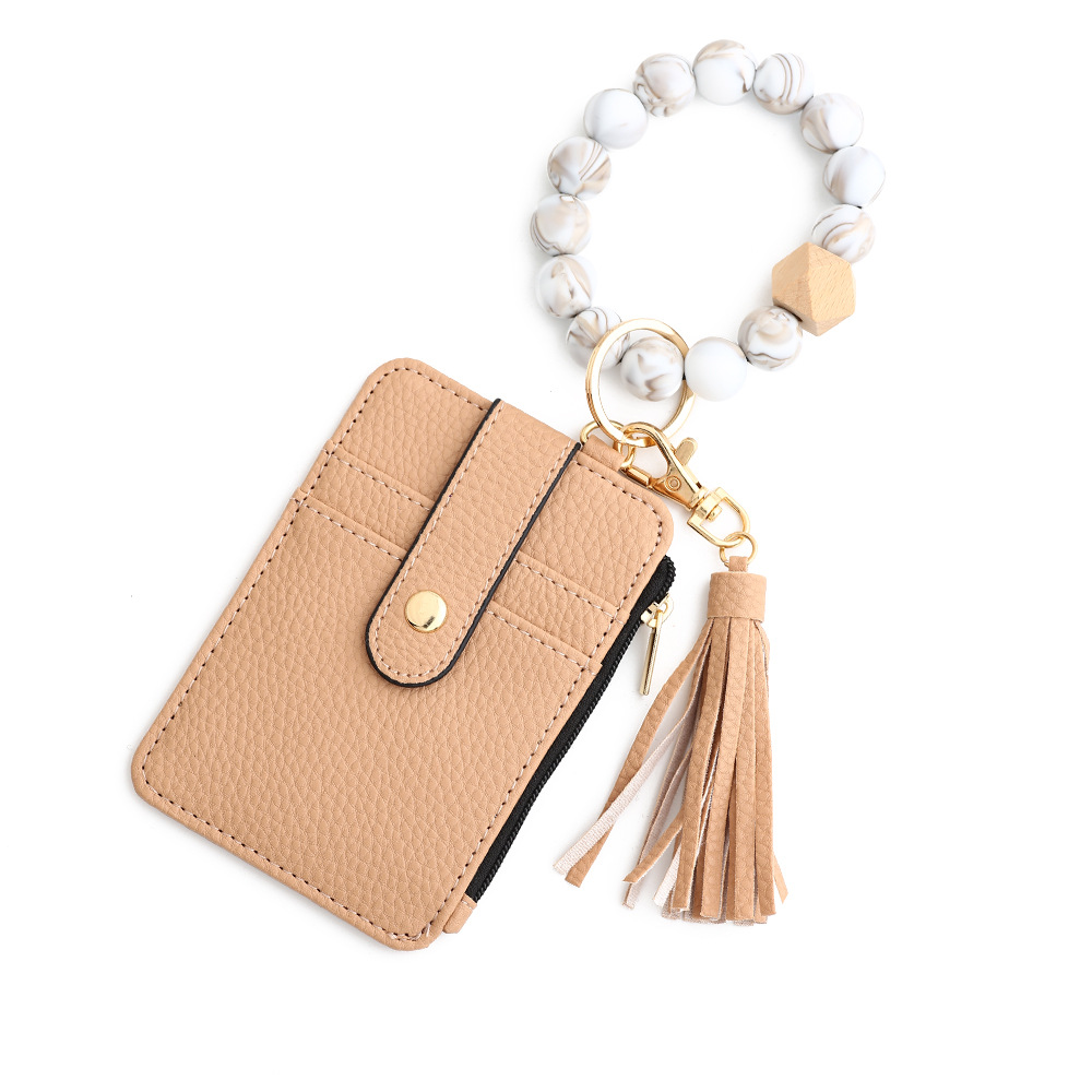 2-PCS Khaki Silicone Bead Keychain Bracelet Wallet PU Leather ID Card Holder with Tassel Wristlet Bangle for Women - Image 1